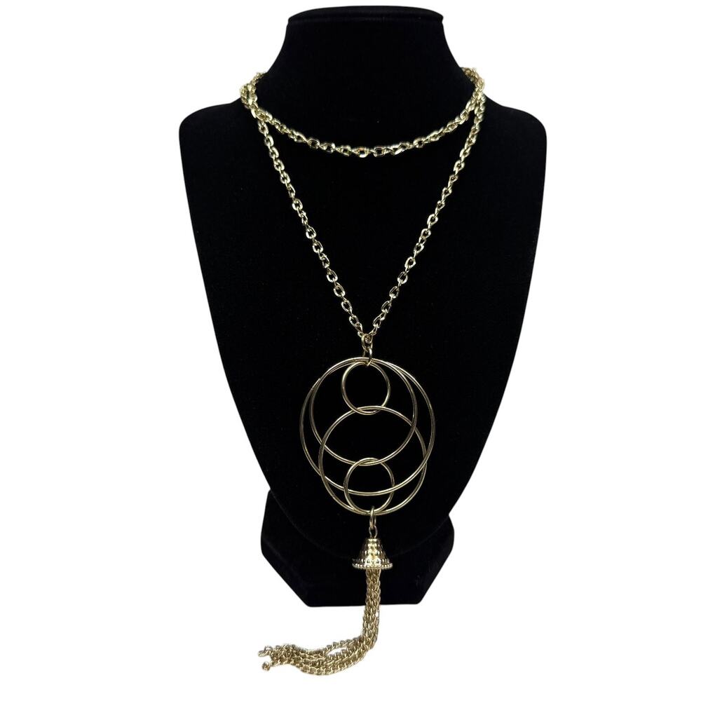 Long Gold Tone Cable Chain Interlocking Circles Tassel Necklace Fashion 30 in L
